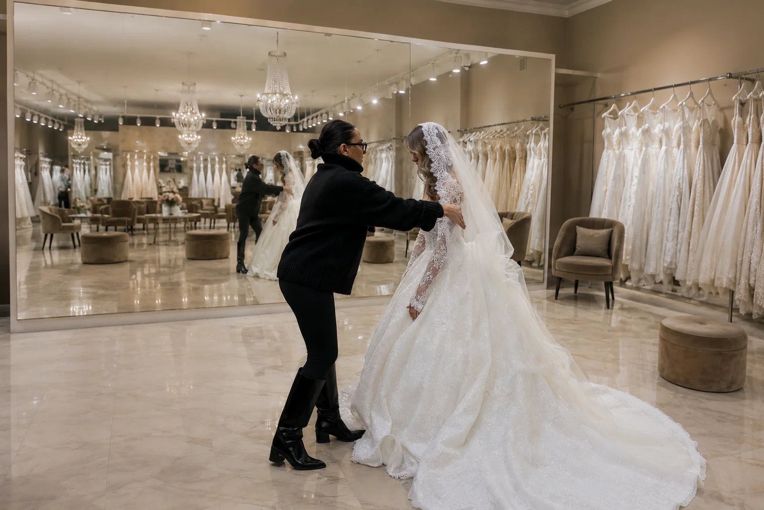 Anprobe im Sima Couture Flagship Store Duisburg, Beraterin mit Braut