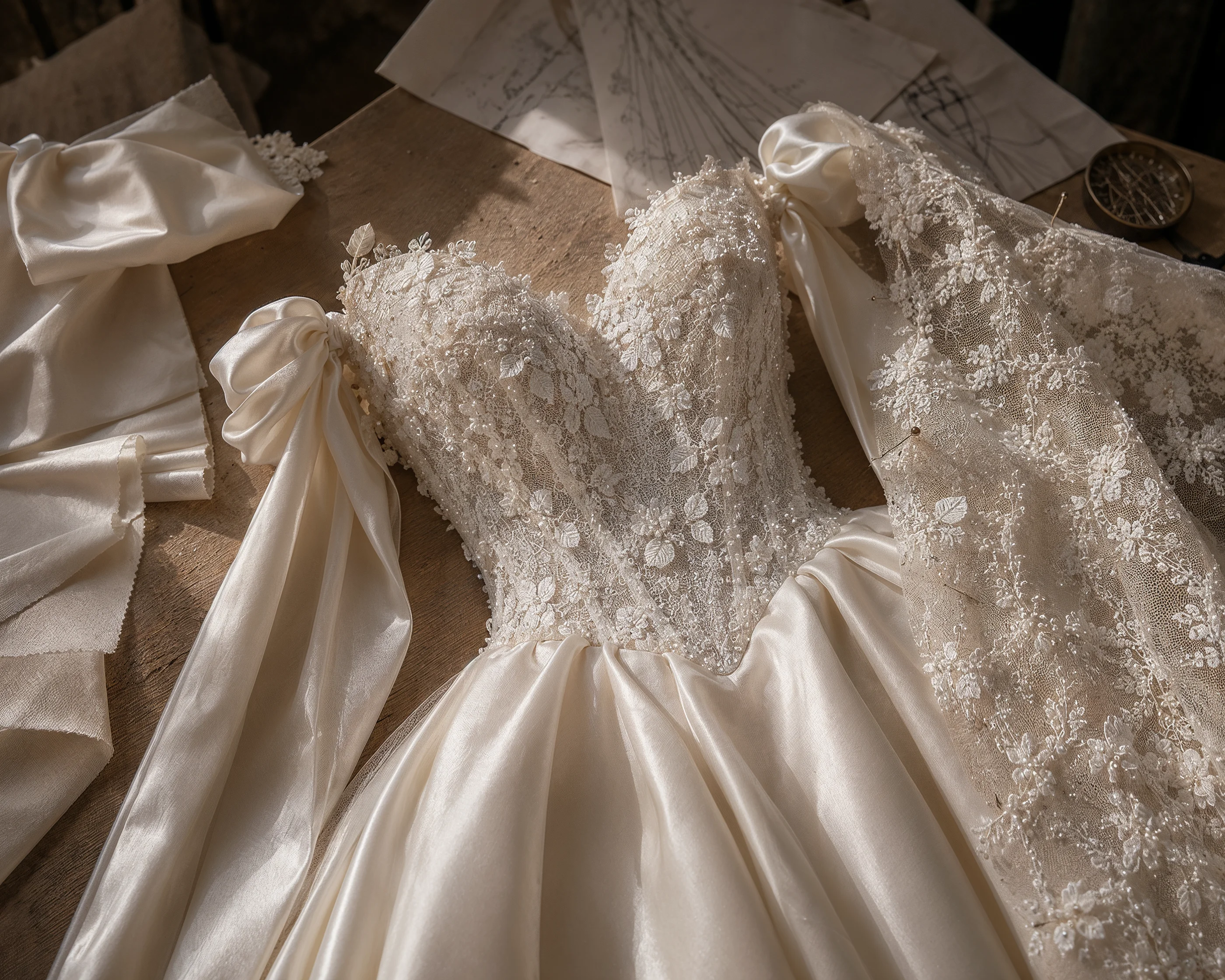 Stoff- und Spitzendetail eines Brautkleids von Sima Couture